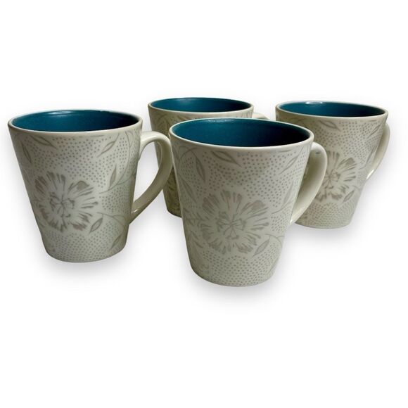 Noritake Stoneware Colorwave Turquoise Bloom Pattern Set 4 Coffee Mugs Cups Tea - Picture 1 of 10